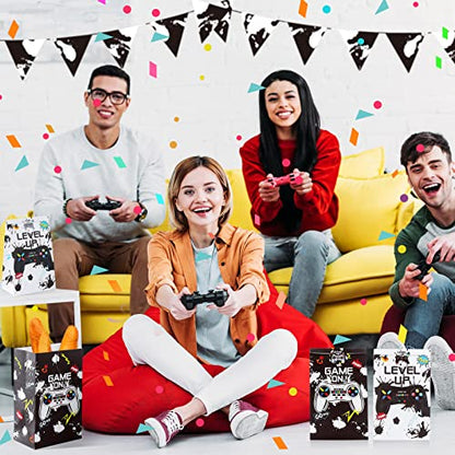 Geosar 30 Pack Video Game Party Favor Paper Bags Game on Goodie Candy Gift Bags with 30 Stickers Level up Reusable Goodie Treat Snacks Supplies for Boys Kids Gaming Birthday Party(White, Black) - color: White, Black