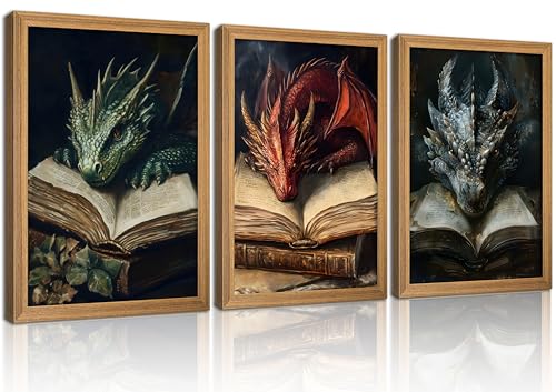 3Pcs Framed Fantasy Dragon Canvas Wall Art, Mythical Dragon on Ancient Book Poster, Gothic Wall Decor for Living Room Bedroom Office - color: Red and green, size: 24"L x 16"W