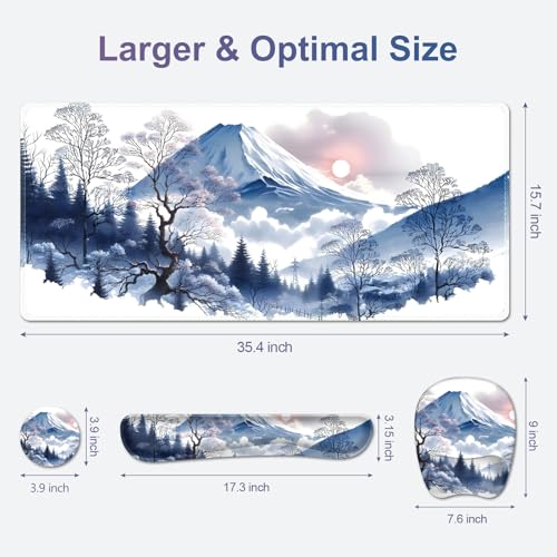 4 in 1 Large Mouse Pad, Keyboard Wrist Rest Set, Ergonomic Mouse Pad with Wrist Support, Desk Mat with Stitched Edges Extended Desk Pad Waterproof Desk Mat for Home Office Game I Snowy Mountain Sun - color: Snowy Mountain Sun
