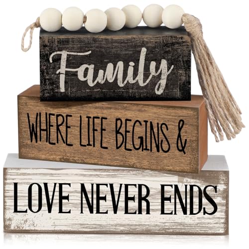Yuntau 4 Pcs Farmhouse Family Tabletop Decor Tiered Tray Decor Rustic Wood Decorative Stacked Sign Block Gift Retro Bead Garland Family Where Life Begins Love Never Ends Table for Home Shelf Office - style: Famliy