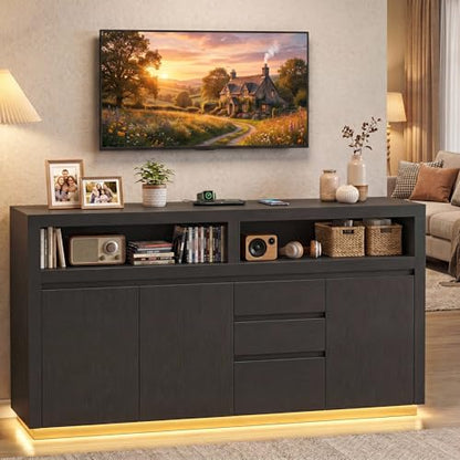 FACBOTALL 63" Modern TV Stand, Large Entertainment Center with Storage Cabinets & Drawers, Media Console Cabinet up to 70 Inch with LED Lights & Power Outlet, TV Consoles for Living Room, Black - color: Black