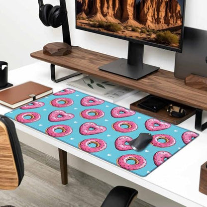 Gaming Mouse Pad, Large Pink Heart Donuts Mouse Pads for Desk, Non-Slip Rubber Base Mousepad, Keyboard Mouse Mat Desk Pad with Stitched Edges, 31.5x15.7 inch - color: Pink Heart Donuts, size: 31.5L x 15.7W inches