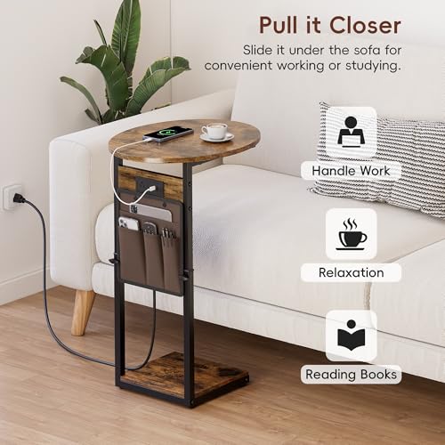 Vagusicc C Shaped End Table with Charging Station, Adjustable Height Side Table for Couch, 32" Tall End Table Small Couch Side Table, Slide Under Sofa TV Tray Snack Arm Tables for Living Room, Brown - color: Rustic Brown, style: Charging Station