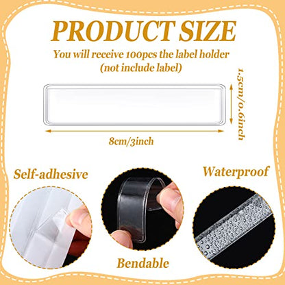 Jeyiour 100 Pcs Label Holders Adhesive Nameplate Pockets Storage Bin Labels Index Card Holder Shelf Plastic Peel Stick for Classroom Supermarket Bookshelf Library Student Box Drawer (3 x 0.6 Inch) - size: 3 x 0.6 Inch