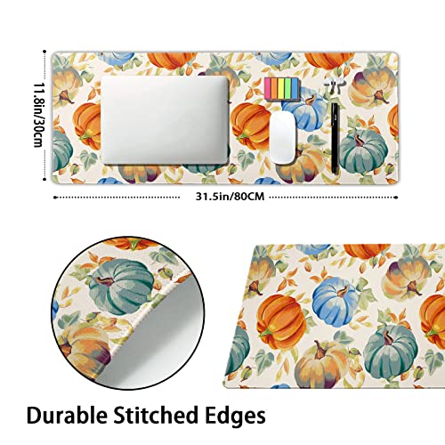 Watercolor Fall Pumpkins Gaming Mouse Pad XL Autumn Leaves Extended Big Large Desk Mat Non-Slip Rubber Base Stitched Edge Long Keyboard Mousepad for PC Computer Laptop,31.5×11.8 in - color: Pumpkin, size: X-Large