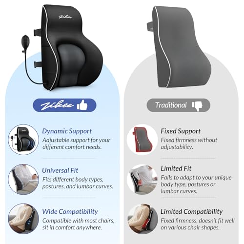 ZIKEE Adjustable Airbag Lumbar Support Pillow Provides Comfortable Support Back Pain Relief and Improves Posture, Ergonomic Memory Foam Back Support Pillow for Office Chair, Car, Home