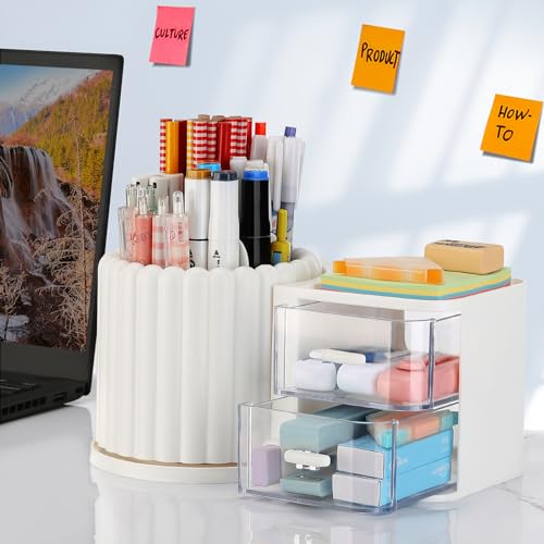 LETURE Rotating Office Desk Organizers and Accessories with 2 Drawer, Pencil Pen Marker Holder for Desk, Desktop Storage Organizers and Accessories for Office Home Art Supplies (White) - color: White