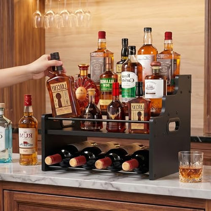 4-Tier Wood Display Shelf Wine Rack for 16 Bottles Wood Coffee Syrup Organizer with Handles Home Whiskey Shelf Retro Mini Liquor Cabinet Spice Rack Coffee Bar Shelves, Black - color: Black