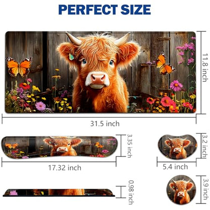 Large Mouse Pad + Keyboard Wrist Rest Set, Extended Gaming Mousepad (31.5X11.8 inch) with Non-Slip Rubber, Ergonomics Memory Foam Mouse Wrist Rest Support, Highland Cow Baby Pattern XXL Desk Pad - color: Yu-Mouse Pad-3-B56