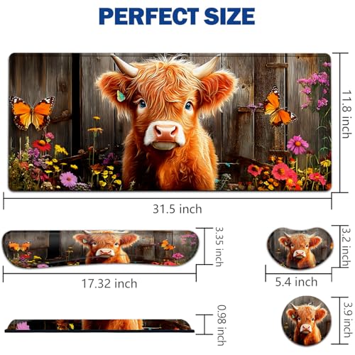 Large Mouse Pad + Keyboard Wrist Rest Set, Extended Gaming Mousepad (31.5X11.8 inch) with Non-Slip Rubber, Ergonomics Memory Foam Mouse Wrist Rest Support, Highland Cow Baby Pattern XXL Desk Pad - color: Yu-Mouse Pad-3-B56