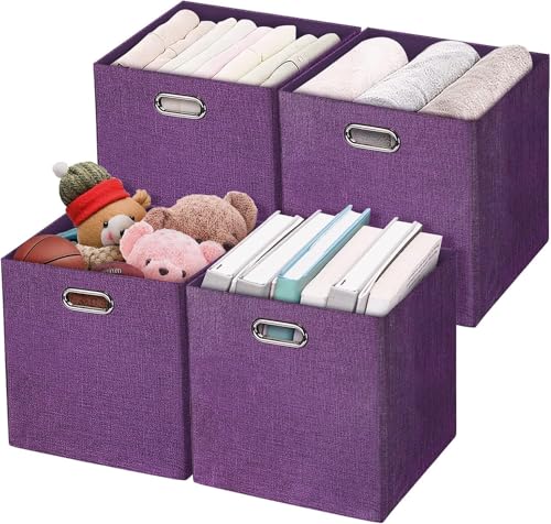 Posprica Storage Boxes, Foldable Organiser Cube Basket Bin, Thick and Heavy Duty (28×28×28cm/4pcs, Purple) - color: Purple, size: 11×11×11/4pcs
