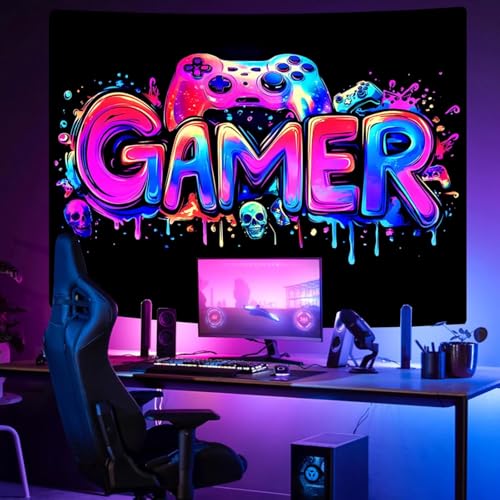 SparkLia Gamer Gaming Tapestry, Blacklight Game Controller Horror Skull Wall Hanging, UV Reactive Skeleton Glow in the Dark Wall Decor for Bedroom, Living Room - 51" x 59" - color: Gamer Skull, size: 59"L x 51"W
