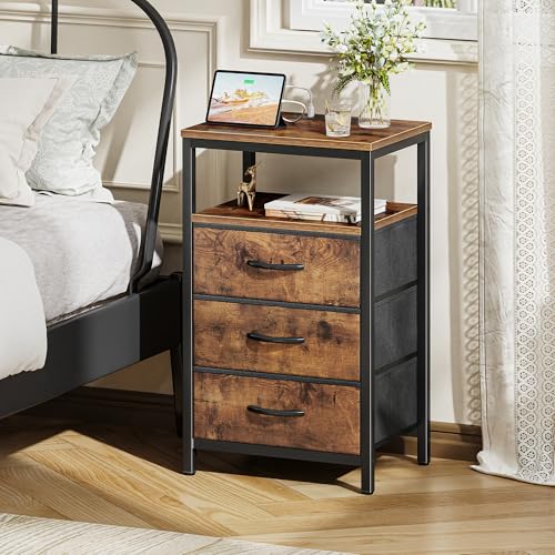 Huuger Nightstand with Charging Station, 27.6 Inch Bedside Table with Fabric Drawers, End Table with USB Ports and Outlets, Night Stand for Bedroom, Rustic Brown - color: Rustic Brown, size: 11.8"D x 15.7"W x 27.6"H (3 Drawers)
