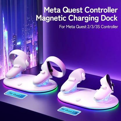 Compact Charging Dock for Meta Quest 3/3s/2 Controllers with RGB Light, VR Accessories Display Stand & Wireless Charging Station for Oculus Controllers with Rechargeable Batteries (2100mAh*2)