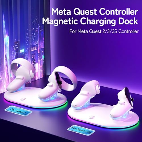 Compact Charging Dock for Meta Quest 3/3s/2 Controllers with RGB Light, VR Accessories Display Stand & Wireless Charging Station for Oculus Controllers with Rechargeable Batteries (2100mAh*2)