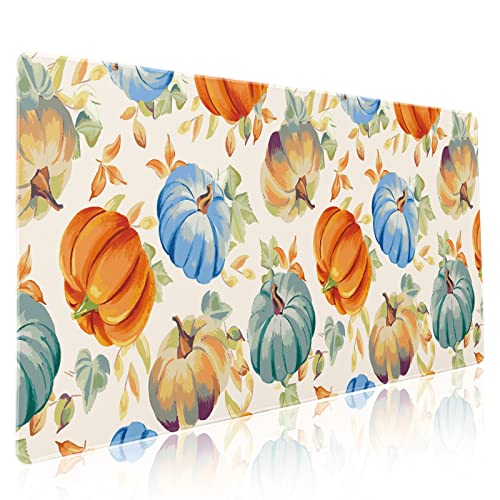 Watercolor Fall Pumpkins Gaming Mouse Pad XXL Autumn Leaves Extended Big Large Desk Mat Non-Slip Rubber Base Stitched Edge Long Keyboard Mousepad for PC Computer Laptop,35.4×15.7 in - color: Pumpkin, size: XX-Large