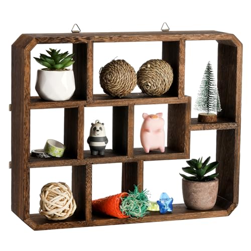 Frcctre Rustic Shadow Box Display Shelf, 9 Compartments Wood Hanging Display Floating Shelves, Multi-Slot Wall Mounted or Freestanding Farmhouse Decor Displays Case