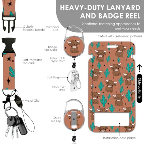 Lanyards for ID Badge, Cow Lanyard ID Card Holder with Retractable Reel Clip and Keychain, Wild Yak Vertical Identity Heavy Duty Badge Cover Case Protector for Teacher Nurse Women Men - color: Cow-brown