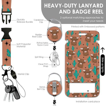 Lanyards for ID Badge, Cow Lanyard ID Card Holder with Retractable Reel Clip and Keychain, Wild Yak Vertical Identity Heavy Duty Badge Cover Case Protector for Teacher Nurse Women Men - color: Cow-brown