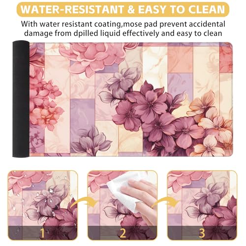 Flower Desk Mat Large Mouse Pad Gaming Mousepad 31.5 x 15.8 in | Desk Pad for Keyboard and Mouse, Large Non-Slip Rubber Base Mousepad Desk Mat with Stitched Edges for Gaming Office - color: Colorful Marble and Flower
