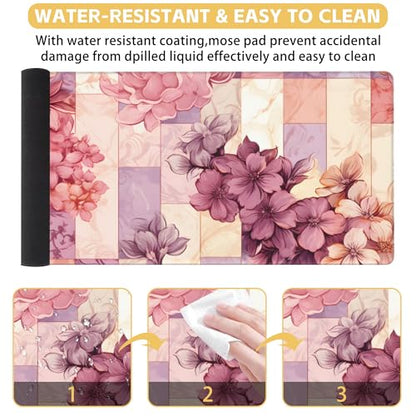 Flower Desk Mat Large Mouse Pad Gaming Mousepad 31.5 x 15.8 in | Desk Pad for Keyboard and Mouse, Large Non-Slip Rubber Base Mousepad Desk Mat with Stitched Edges for Gaming Office - color: Colorful Marble and Flower