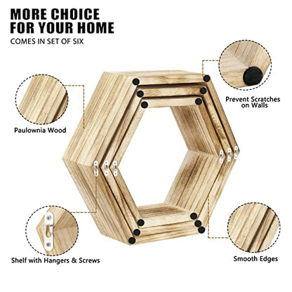 NOVIMANGO Hexagonal Floating Shelves Wall Mounted Set of 6 Wooden Hexagon Shelves Farmhouse Storage Honeycomb Shelves Hexagon Hanging Shelves Rustic Geometric Shelf for Nursery Bedroom Living Room - color: 6 Pack Wood Color
