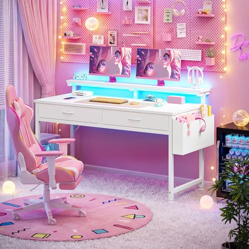 DurayLoly 47.3 Inch Computer Desk with 2 Drawers & LED Lights, Home Office Desk with Side Pocket, Gaming Desk with Monitor Stand, Study Writing Table for Small Spaces, White - color: White, size: 47.3 Inch