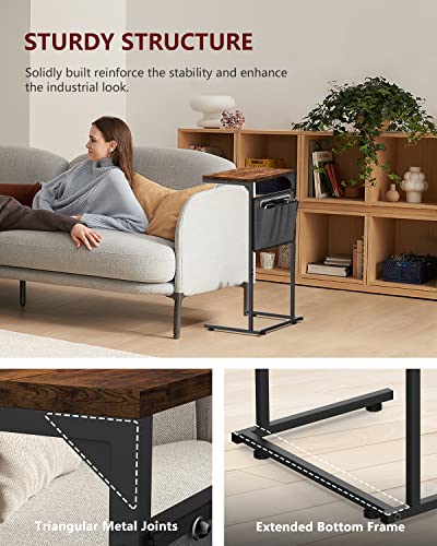 Vantic C Shaped End Table, Small Side Table for Couch and Recliner, Slide Under Sofa Tray Desk with Storage Bag for Living Room and Bedroom, Rustic Brown - color: Rustic Brown