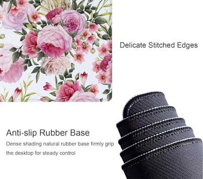 Floral Pattern with Roses Desk Mat Pink Large Extended Mouse Pad XL Desk Pad Gaming Mousepad Keyboard Mouse Mat for Computer Laptop 31.5''X11.8'' Non-Slip Rubber Base with Stitched Edges - color: Floral Pattern With Roses