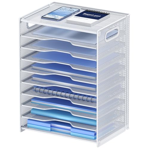 OUTWOLF 10 Tier Paper Organizer - Letter Tray Mesh Desk File Organizer with Handles for Office School Desktop, White - color: White