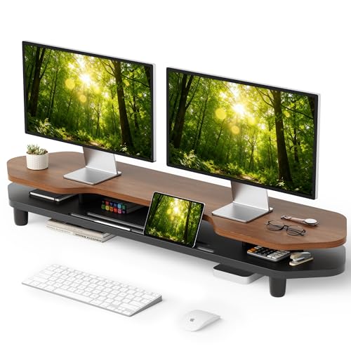 Dual Monitor Stand Riser, 39.4 Inch Large Monitor Stand with Storage Shelf, 2-Tier Desk Organizer for PC, Laptop, Printer | 2 Slots for Phone/Tablet, Computer Monitor Riser, Wood Desk Shelf for TV - color: Walnut, size: 2 Tier