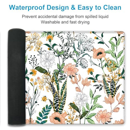 XXL Waterproof Office Desk Pad Protector 31.5x11.8 Inch - Extended Gaming Mouse Pad with Non-Slip Rubber Base, Thickened Keyboard Mat, Stitched Edges & Beautiful Floral Flowers Design - color: White