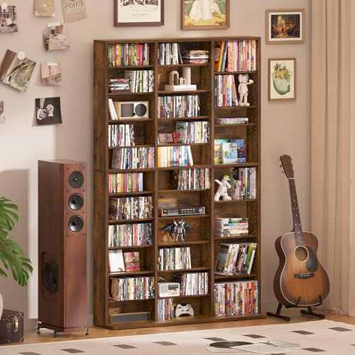 LELELINKY 11 Tier Tall Display Cabinet, Media Storage Cabinet with Adjustable Shelves, Free Standing DVD Organizer Shelf, Floor Multimedia Storage Manga Bookshelf for Living Room & Home Office, Brown - color: Brown, size: 11-Tier