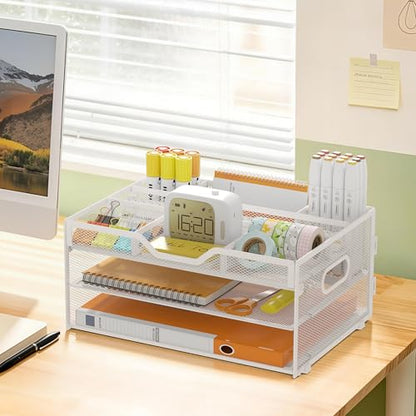 3 Tier Desk Orgnizers and Accessories, Metal Magazine File Holder with Pencil Holder and Handles, Space Saving Desk File Trays for School Office Supplies(White) - color: 3-tier-white
