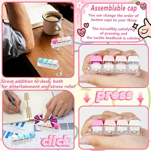 2 PCS 4-in-1 Keyboard Fidget Toy Keychain, Finger Clicky Button Toy Stress Relief Keychain with Swappable Keycaps, Mini Mechanical Key Fidget for Office Desk Focus Gifts (Blue Rose Pink White) - color: Blue Rose Pink White