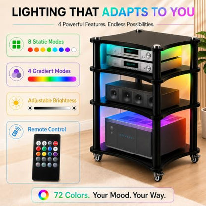4-Tier AV Media Stand with LED Lights, Heavy Duty Mobile Stereo Cabinet Stand with Wheels, Wooden Stereo Rack, Audio Rack Furniture Perfect for DVD Player/Game Console (with Lights, 4 Tier) - color: With Lights, size: 4 Tier