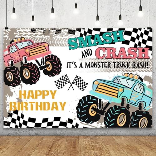 YongFoto Truck Racing Theme Happy Birthday Backdrop 7x5ft Smash and Crash It's a Monster Truck Bash Photography Background Boy Kids Birthday Party Banner Cake Table Decor Portraits Photoshoot - color: Style 3, size: 7x5ft