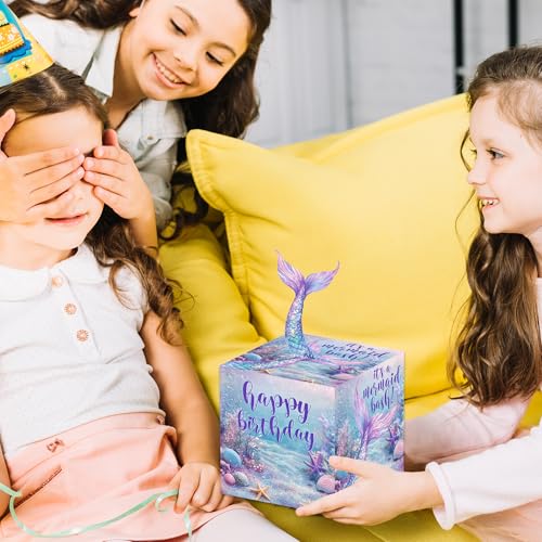 Mermaid Birthday Money Box for Cash Pull, Happy Birthday Boxes Gifts for Money Pull Out Card, 50Pcs Transparent Bags - color: Blue