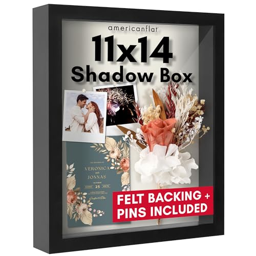 Americanflat 11x14 Shadow Box Frame with Shatter-Resistant Glass - Silhouette Collection - Large Shadow Box Display Case for Tabletop and Wall Display - Black with Soft Felt Back - color: Black, size: 11x14