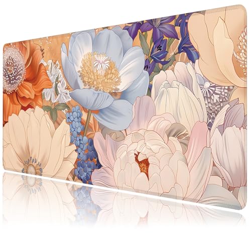 Desk Mat, Aesthetic Dark Flowers XXL 35.4"x15.7"Large Gaming Mouse Pad, 3mm Thick Gaming Keyboard Pad,Desk Pad Non-Slip Rubber Base with Stitched Edges for Office Game Home Decor - color: Aesthetic Dark Floral