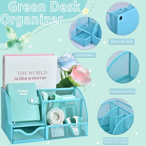 Green and Blue Desk Accessories, 26Pcs Office Supplies and Desk Organizers, with Tape Dispenser, Stapler, Staple Remover, Ect, Gift Box Packaging - color: Green+blue
