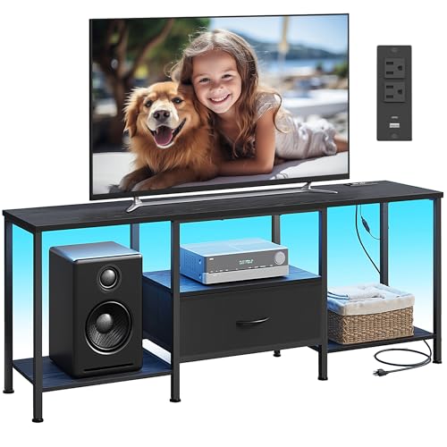 SONGMICS BELLAH Collection - TV Stand for TVs Up to 70 Inches, Media Console Table and Entertainment Center Unit for Living Room, with Shelves and Drawer, Steel, Modern, Ink Black ULGS131B101S - color: Ink Black, size: 13.8"D x 61.8"W x 23.6"H