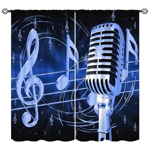 Music Curtain, Blue Microphone Musical Notes Print Window Treatments Drapes for Bedroom Living Room Bathroom 42" W X 45" L(No Blackout) - color: Musical-2, size: 20.5"W x 45"L (Pack of 2)