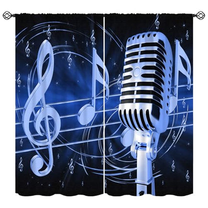 Music Curtain, Blue Microphone Musical Notes Print Window Treatments Drapes for Bedroom Living Room Bathroom 42" W X 45" L(No Blackout) - color: Musical-2, size: 20.5"W x 45"L (Pack of 2)