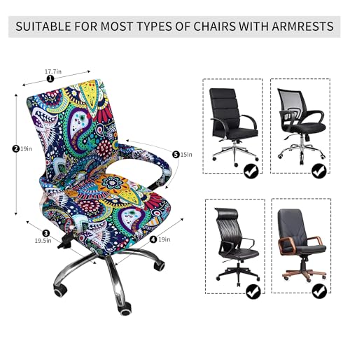 Waterproof Office Chair Cover with Armrest Cover 18Inch Wide Stretch Printed Boho Small Desk Computer Chair Covers with Long Zipper Arm Slipcovers Washable - color: Waterproof-boho, size: Small