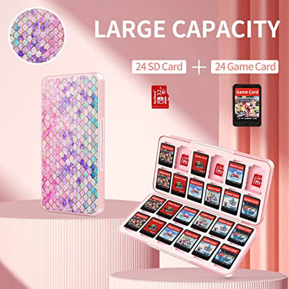 OLDZHU Cute Switch Case Holder Compatible with Nintendo Switch&Switch OLED, Pink Storage for 24 Game Cartridges and 24 Micro SD Cards - color: Fish scales
