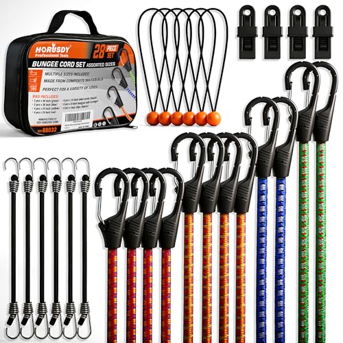 HORUSDY 28-Piece Premium Bungee Cords with Hooks, Includes 10”, 18”, 24”, 36”, 48”, Bungee Cord Assortment (10 to 48 Inch) - color: 28pcs 10"/18"/24"/36"/48" Multi-color