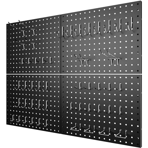 4 Pack Metal Pegboard Panels with 50 Hooks, Black Pegboard Wall Organizer, Pegboard Accessories, Heavy Duty Garage Tool Storage System for Workbench, Workshop, Office, Craft Room - color: Black, size: 16x12"- 4 Pcs