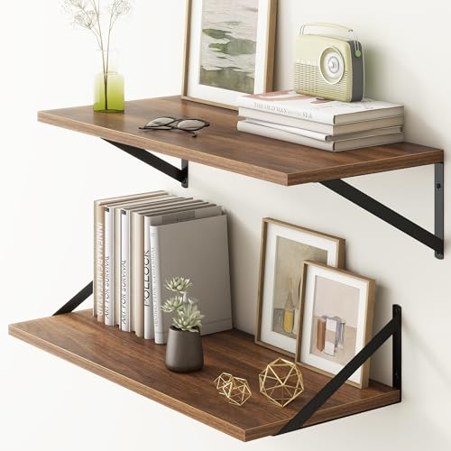 Fun Memories 27.5" W x12 D Floating Shelves, Large Wall Shelves 27.5 Inch Long, Set of 2, Farmhouse Wood Floating Shelf Wall Mounted, Deep Shelves for Bathroom, Living Room, Kitchen, Walnut Color - color: Walnut, size: 27.5"W x 12"D