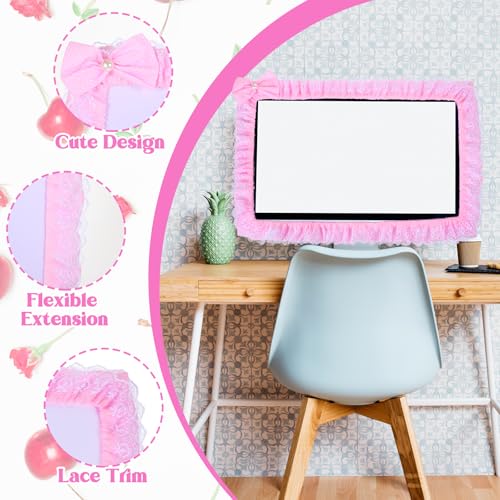 23''-27'' Pink Monitor Cover Lace, Cute Computer Monitor Decor with Bow, Adjustable Monitors Frame, Monitors Cover Cute for Women